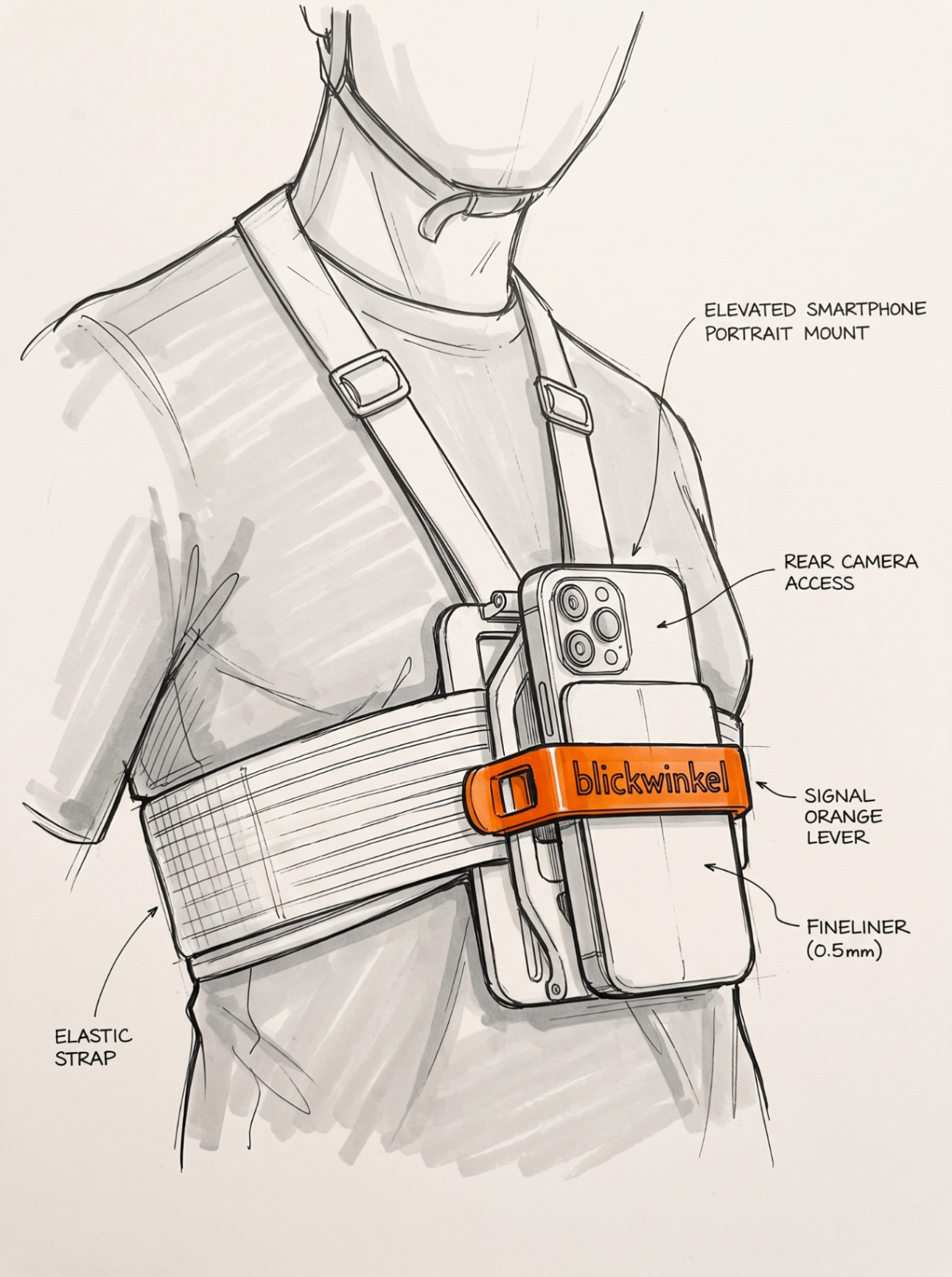 Marker-Skizze: Prototyp 1.0 am Körper, Smartphone hochkant mit Kameras nach oben