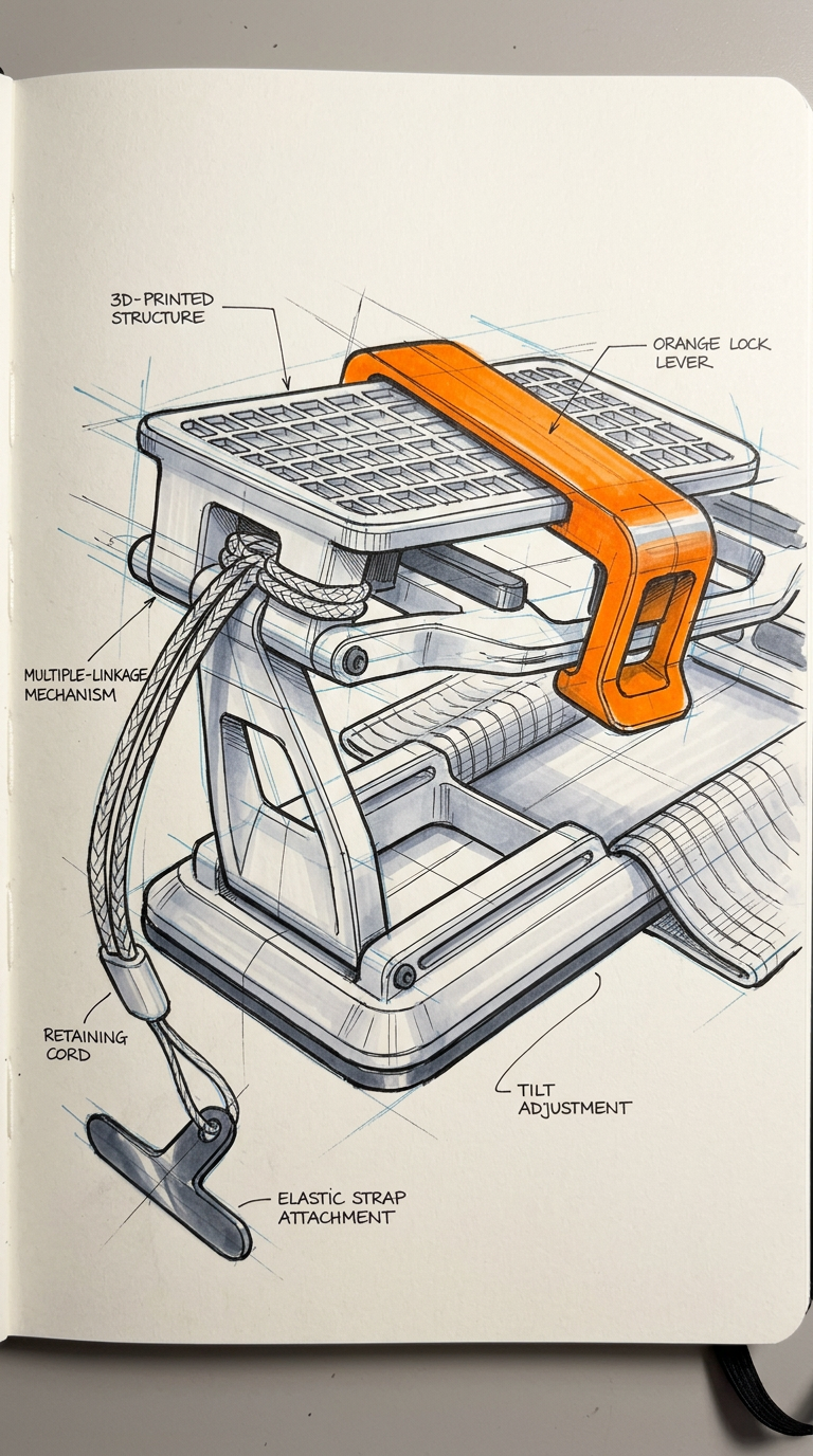 Marker-Skizze des Verstellmechanismus mit orangem Hebel